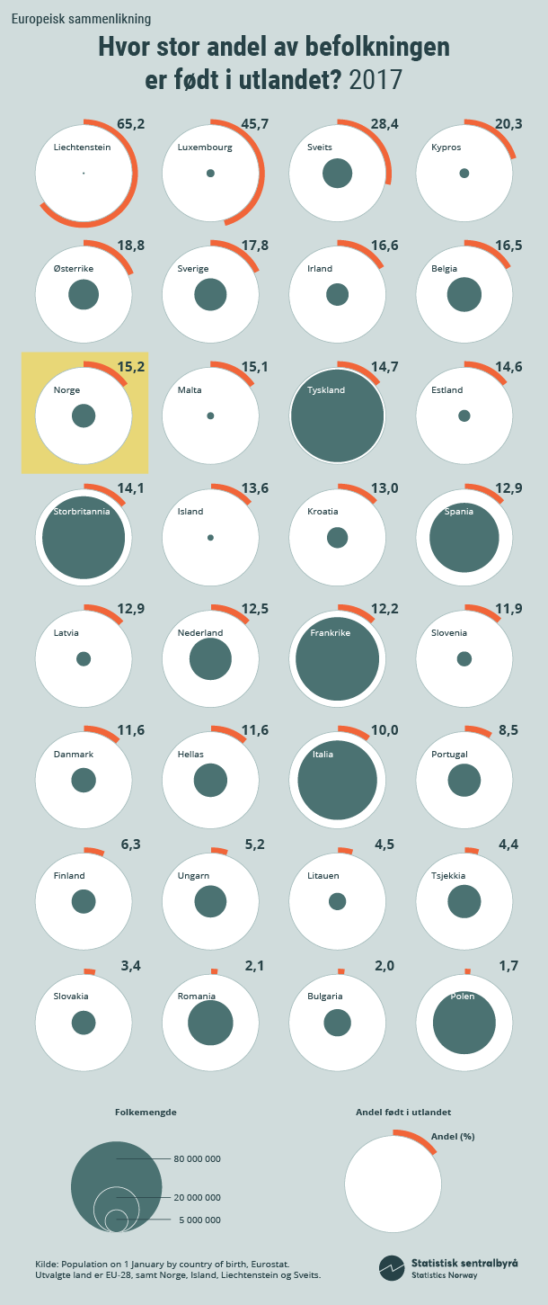 Infografikk. Hvor stor andel av befolkningen er født i utlandet? 2017. Klikk på bildet for større versjon.