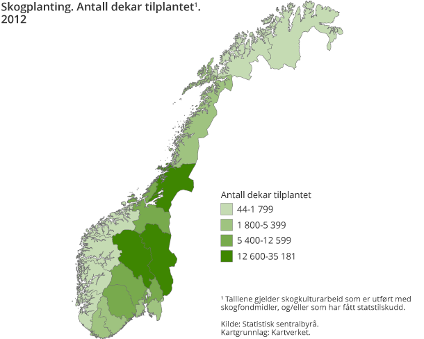 Skogplanting. Antall dekar tilplantet. 2012