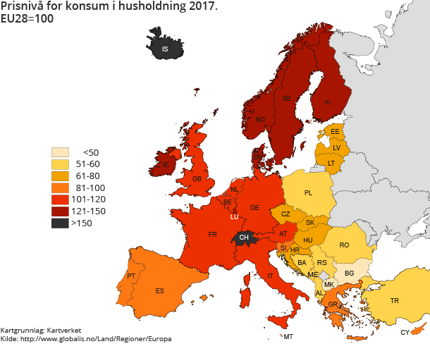 Prisnivå for konsum i husholdning 2017. EU28=100
