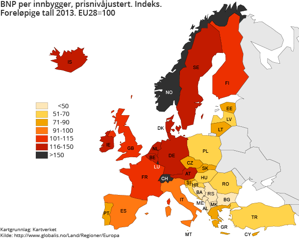 BNP per innbygger, prisnivåjustert. Indeks. Foreløpige tall 2013. EU28=100