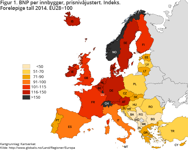 Figur 1. BNP per innbygger, prisnivåjustert. Indeks. Foreløpige tall 2014. EU28=100