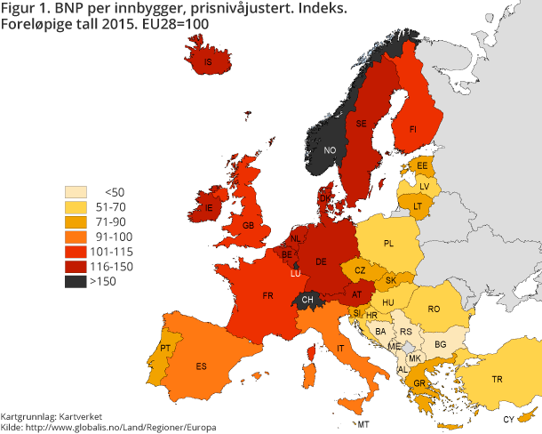 Figur 1. BNP per innbygger, prisnivåjustert. Indeks. Foreløpige tall 2015. EU28=100